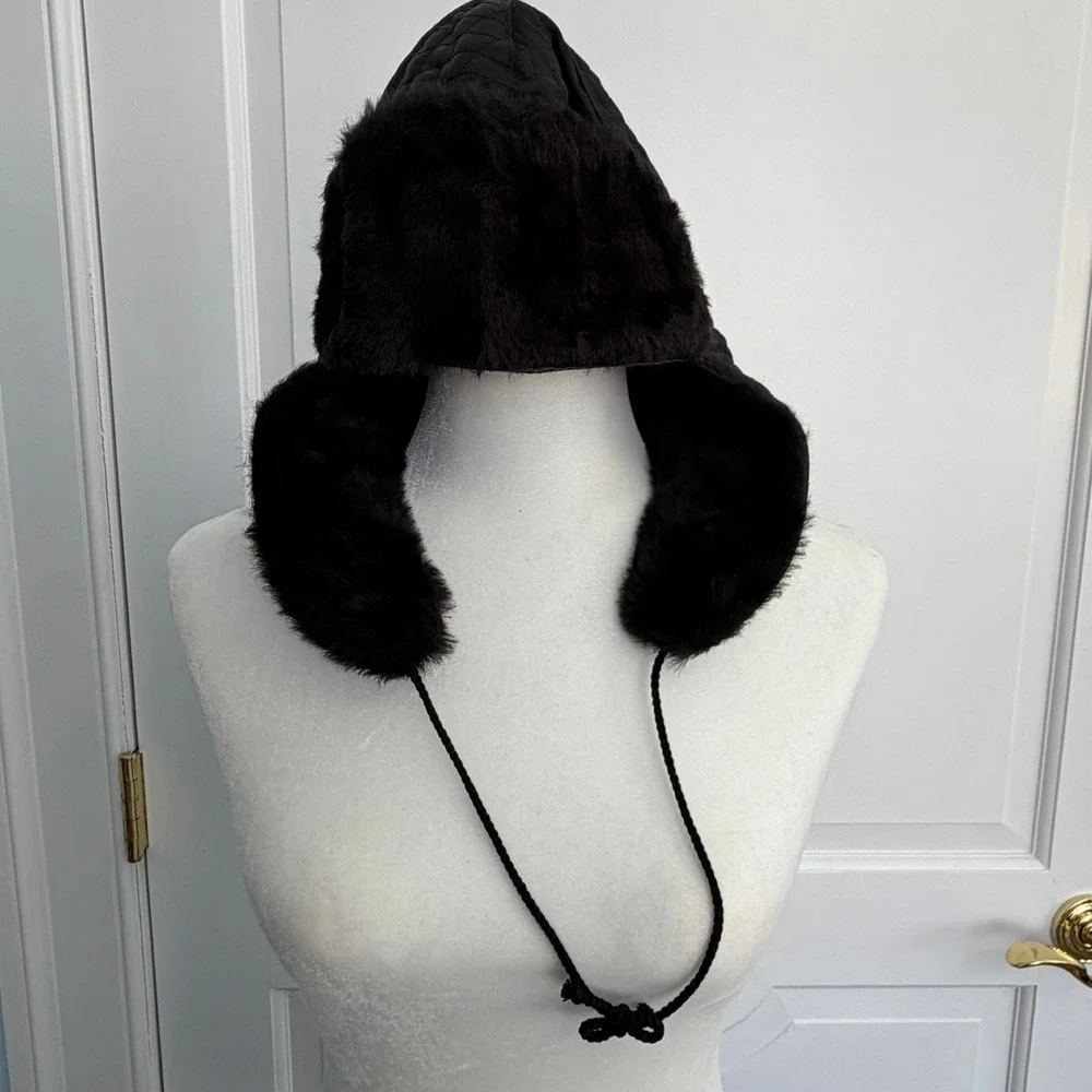 J Crew Black Quilted Trapper Hat Faux Fur Made‎ in Italy OSFM